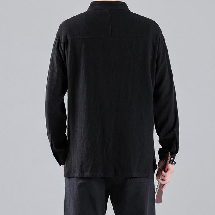 Buddha Stones Embroidered Auspicious Clouds Stand Collar Button Down Long Sleeve Men's Cotton Shirt - image 2