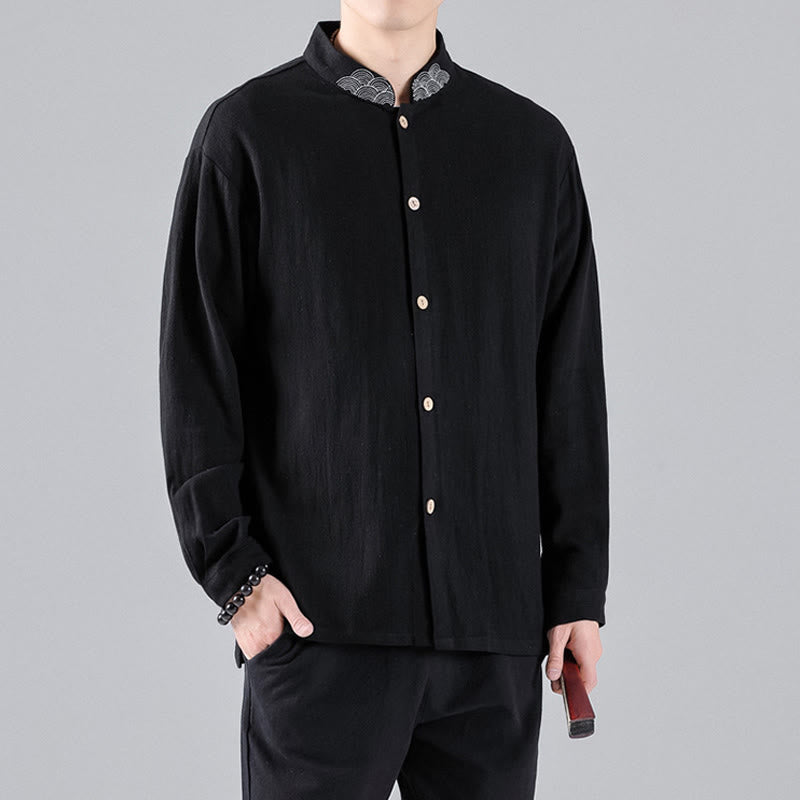 Buddha Stones Embroidered Auspicious Clouds Stand Collar Button Down Long Sleeve Men's Cotton Shirt - image 5