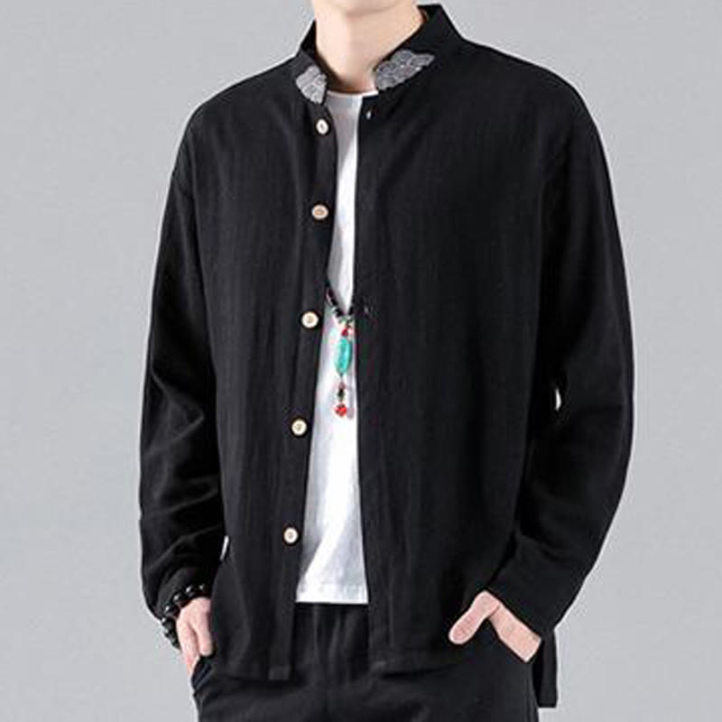 Buddha Stones Embroidered Auspicious Clouds Stand Collar Button Down Long Sleeve Men's Cotton Shirt - image 4