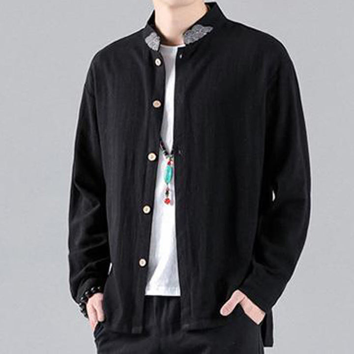 Buddha Stones Embroidered Auspicious Clouds Stand Collar Button Down Long Sleeve Men's Cotton Shirt - image 4