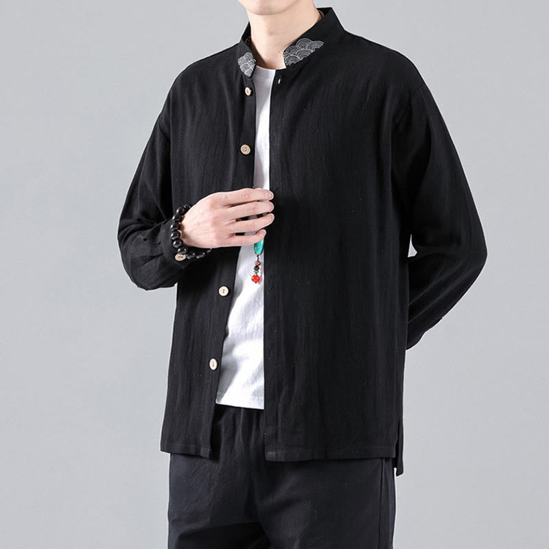 Buddha Stones Embroidered Auspicious Clouds Stand Collar Button Down Long Sleeve Men's Cotton Shirt - Black - US/UK/AU46，EU56 (5XL) - image 0