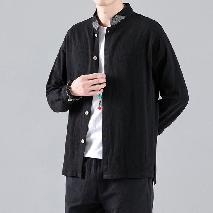 Buddha Stones Embroidered Auspicious Clouds Stand Collar Button Down Long Sleeve Men's Cotton Shirt - Black - US/UK/AU46，EU56 (5XL) - image 0