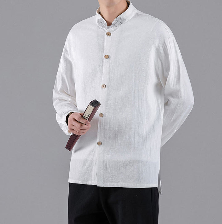Buddha Stones Embroidered Auspicious Clouds Stand Collar Button Down Long Sleeve Men's Cotton Shirt - image 10