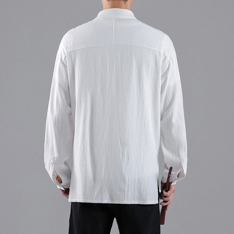 Buddha Stones Embroidered Auspicious Clouds Stand Collar Button Down Long Sleeve Men's Cotton Shirt - image 8
