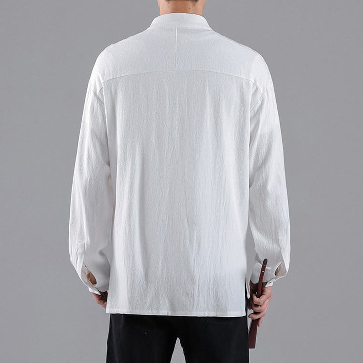 Buddha Stones Embroidered Auspicious Clouds Stand Collar Button Down Long Sleeve Men's Cotton Shirt - image 8