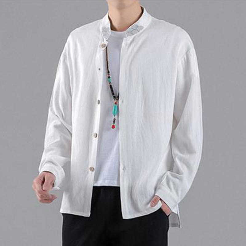 Buddha Stones Embroidered Auspicious Clouds Stand Collar Button Down Long Sleeve Men's Cotton Shirt - image 9
