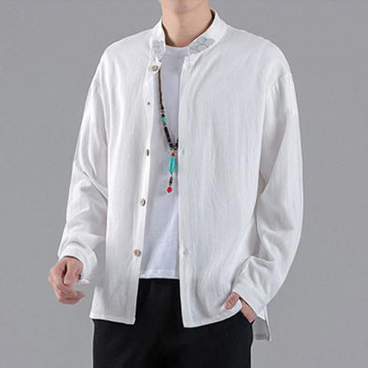Buddha Stones Embroidered Auspicious Clouds Stand Collar Button Down Long Sleeve Men's Cotton Shirt - image 9