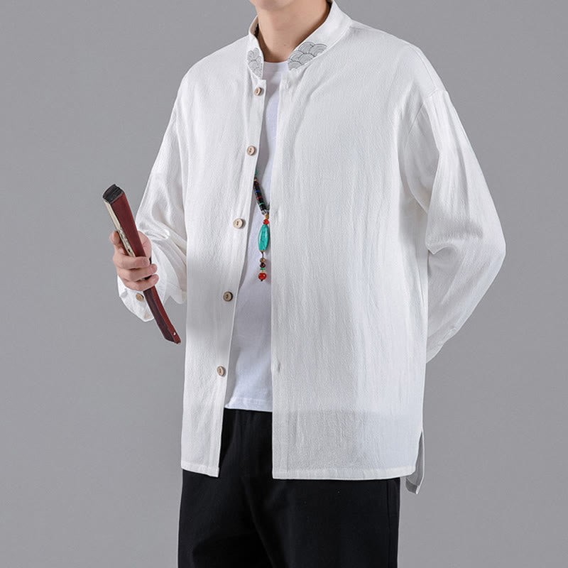 Buddha Stones Embroidered Auspicious Clouds Stand Collar Button Down Long Sleeve Men's Cotton Shirt - image 13
