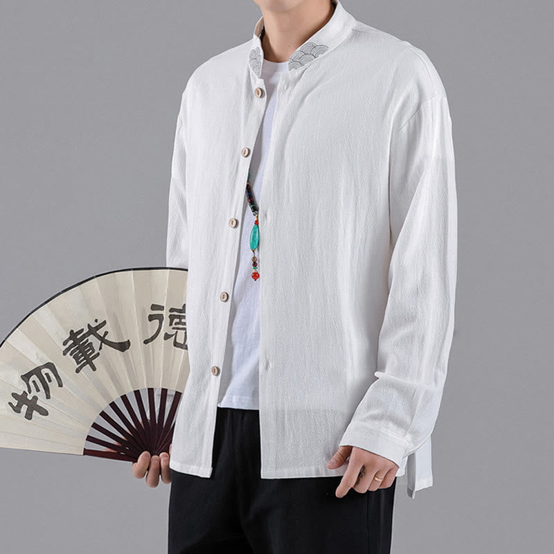 Buddha Stones Embroidered Auspicious Clouds Stand Collar Button Down Long Sleeve Men's Cotton Shirt - image 11