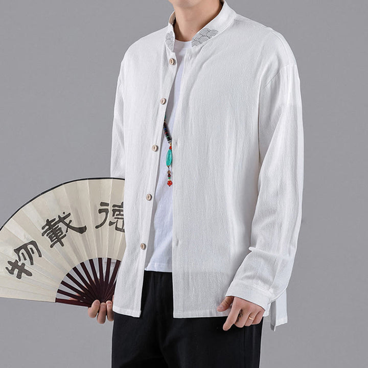 Buddha Stones Embroidered Auspicious Clouds Stand Collar Button Down Long Sleeve Men's Cotton Shirt - image 11