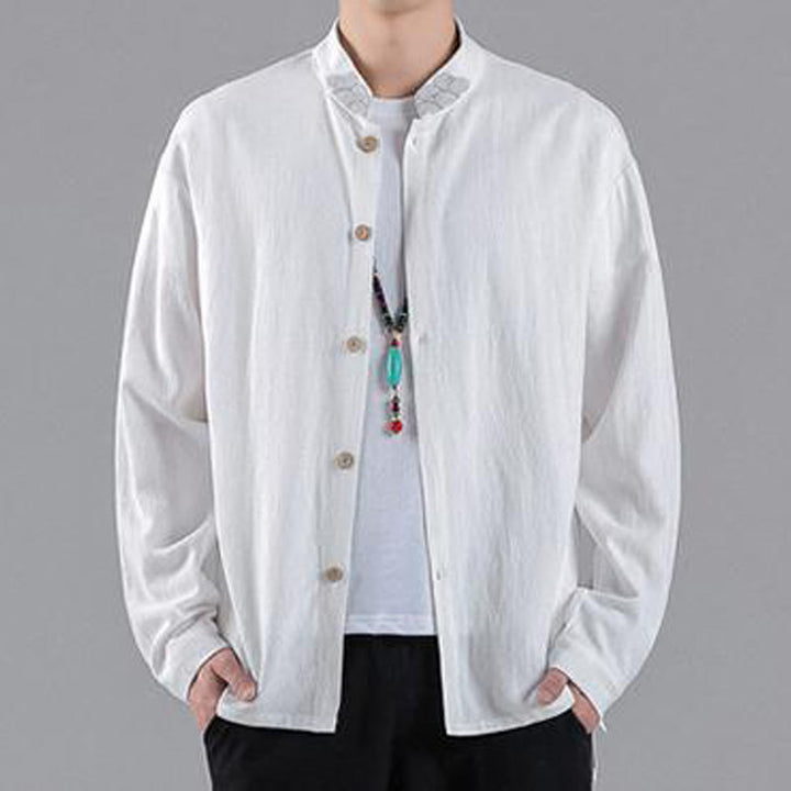 Buddha Stones Embroidered Auspicious Clouds Stand Collar Button Down Long Sleeve Men's Cotton Shirt - White - US/UK/AU46，EU56 (5XL) - image 6