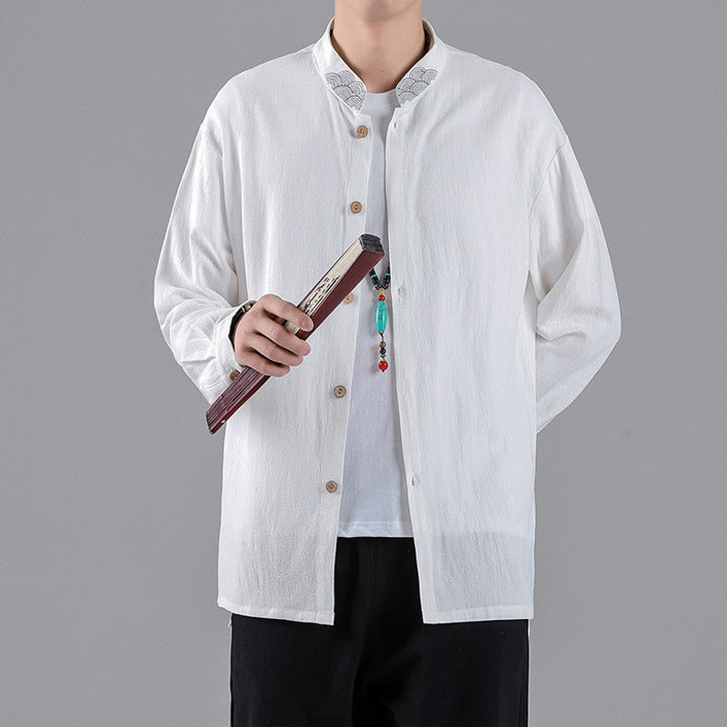 Buddha Stones Embroidered Auspicious Clouds Stand Collar Button Down Long Sleeve Men's Cotton Shirt - image 12