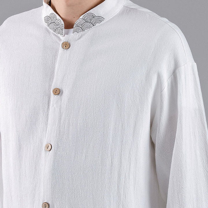 Buddha Stones Embroidered Auspicious Clouds Stand Collar Button Down Long Sleeve Men's Cotton Shirt - image 15