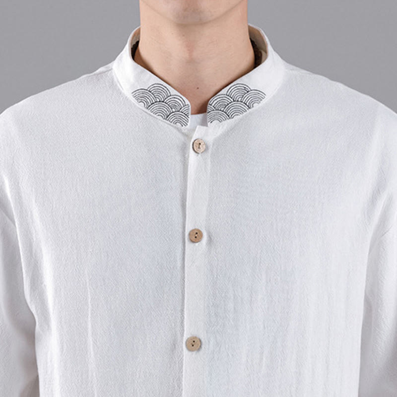 Buddha Stones Embroidered Auspicious Clouds Stand Collar Button Down Long Sleeve Men's Cotton Shirt - image 14