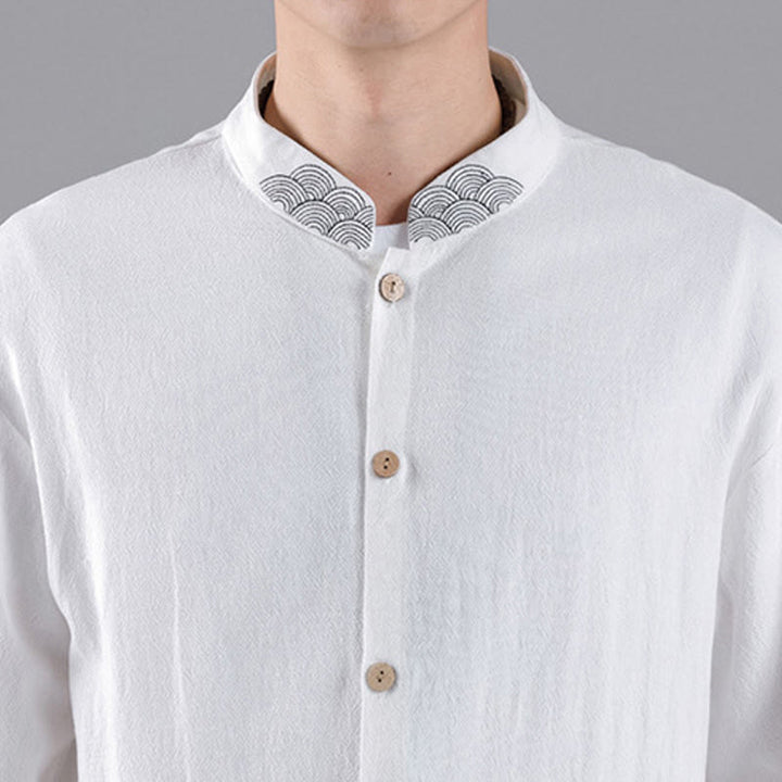 Buddha Stones Embroidered Auspicious Clouds Stand Collar Button Down Long Sleeve Men's Cotton Shirt - image 14