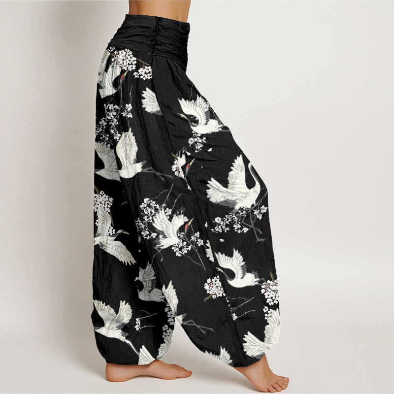 Buddha Stones Cotton Casual Elegant Crane Flower Pattern Women's Elastic Waist Harem Pants - image 1