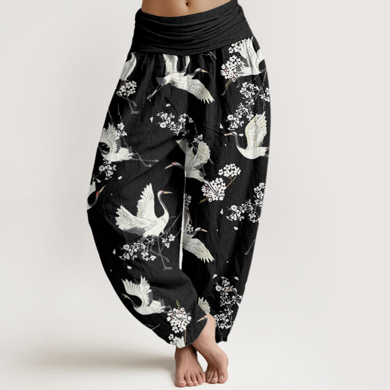 Buddha Stones Cotton Casual Elegant Crane Flower Pattern Women's Elastic Waist Harem Pants - Black - US22，UK/AU26，EU54 (6XL) - image 0