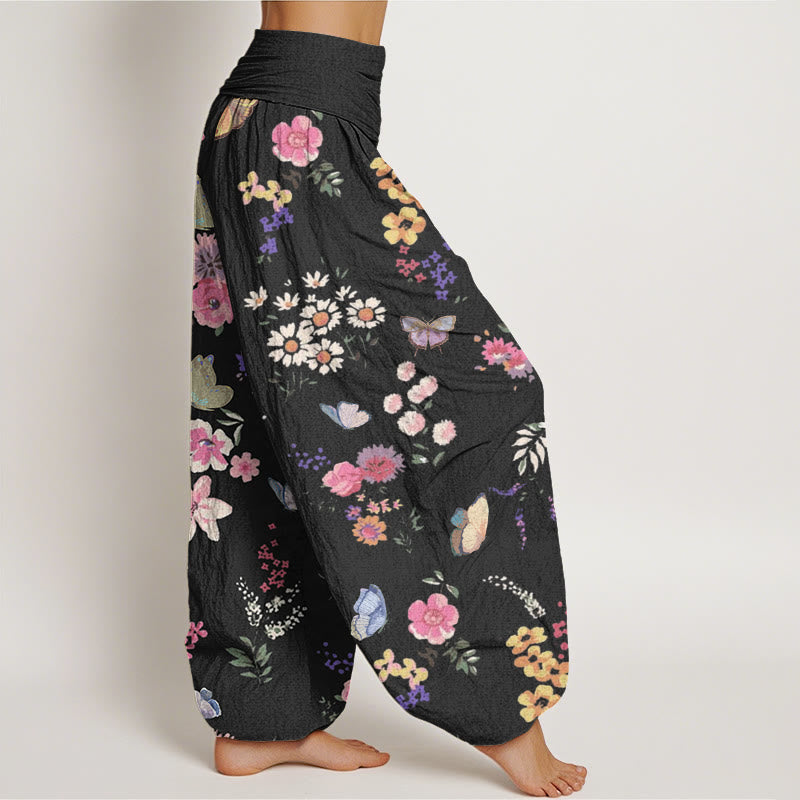 Buddha Stones Casual Colorful Flowers Butterfly Pattern Women's Elastic Waist Harem Pants - image 1