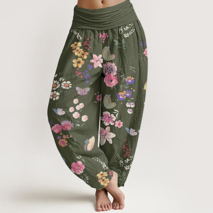 Buddha Stones Casual Colorful Flowers Butterfly Pattern Women's Elastic Waist Harem Pants - DarkOliveGreen - US22，UK/AU26，EU54 (6XL) - image 4