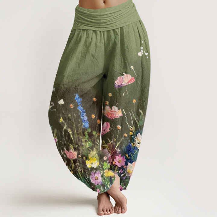 Buddha Stones Casual Watercolor Style Floral Pattern Women's Elastic Waist Harem Pants - OliveDrab - US22，UK/AU26，EU54 (6XL) - image 4