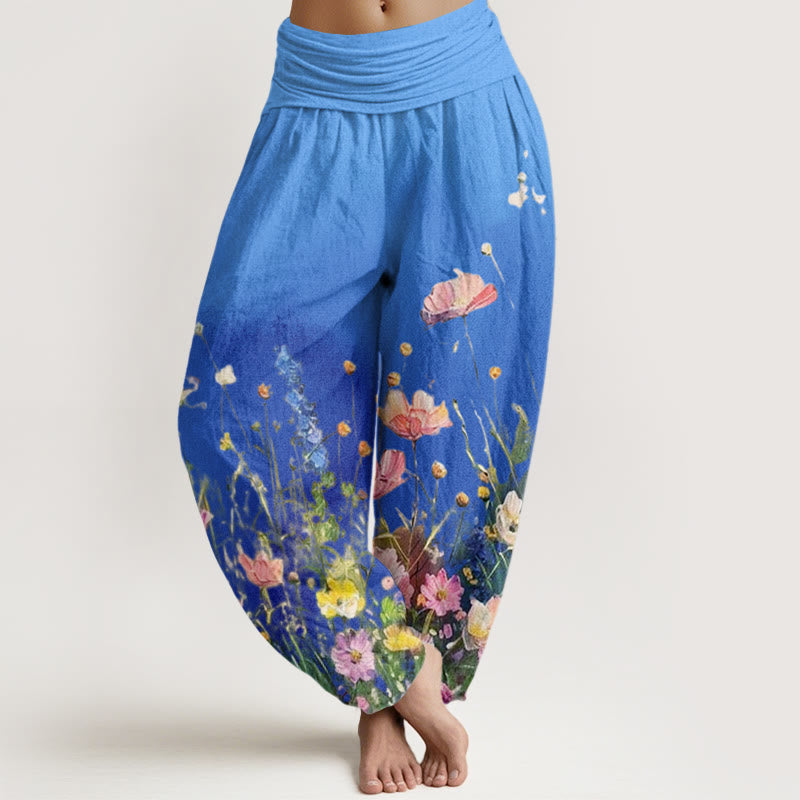 Buddha Stones Casual Watercolor Style Floral Pattern Women's Elastic Waist Harem Pants - DodgerBlue - US22，UK/AU26，EU54 (6XL) - image 7