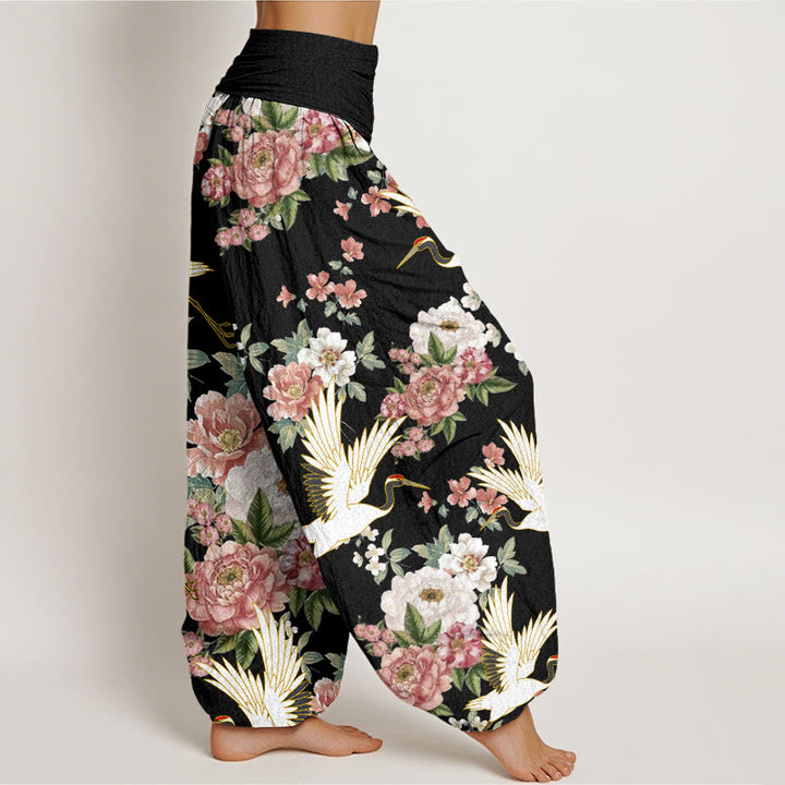 Buddha Stones Casual Cranes Blooming Peony Pattern Women's Elastic Waist Harem Pants - image 1