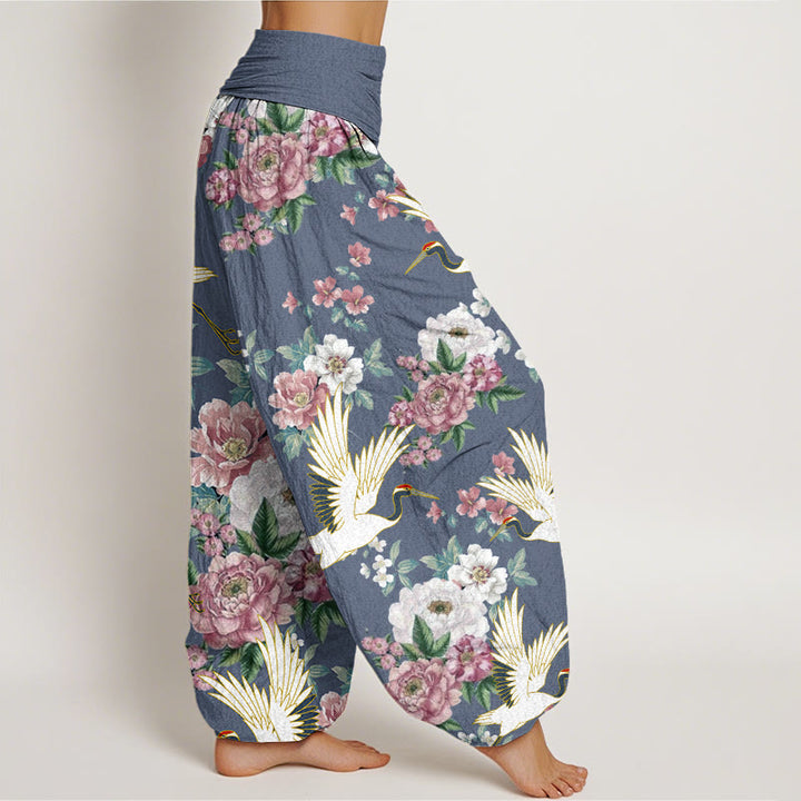 Buddha Stones Casual Cranes Blooming Peony Pattern Women's Elastic Waist Harem Pants - image 5