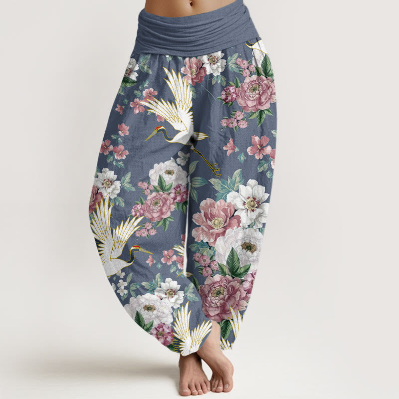 Buddha Stones Casual Cranes Blooming Peony Pattern Women's Elastic Waist Harem Pants - CornflowerBlue - US22，UK/AU26，EU54 (6XL) - image 4
