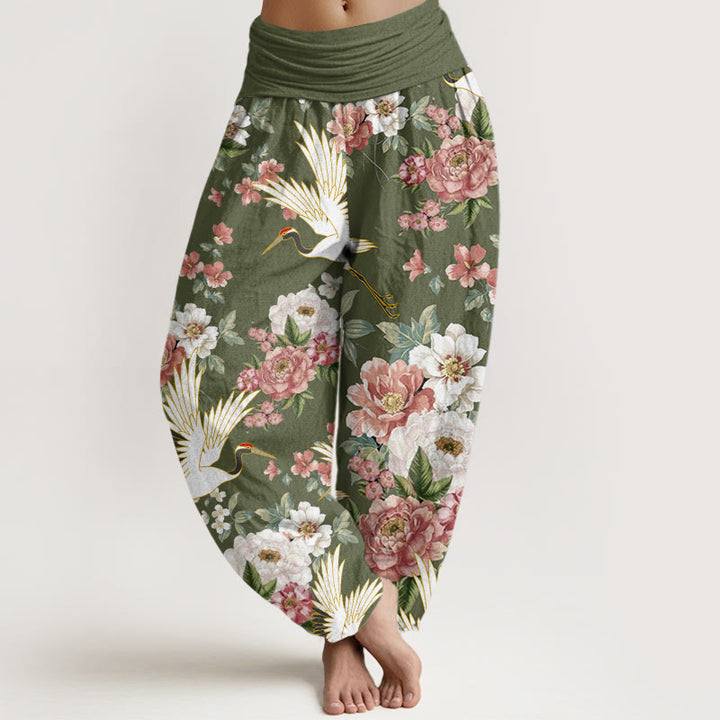 Buddha Stones Casual Cranes Blooming Peony Pattern Women's Elastic Waist Harem Pants - OliveDrab - US22，UK/AU26，EU54 (6XL) - image 7