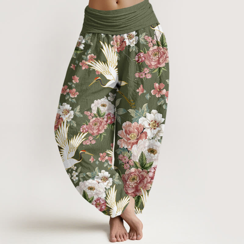 Buddha Stones Casual Cranes Blooming Peony Pattern Women's Elastic Waist Harem Pants - OliveDrab - US22，UK/AU26，EU54 (6XL) - image 7