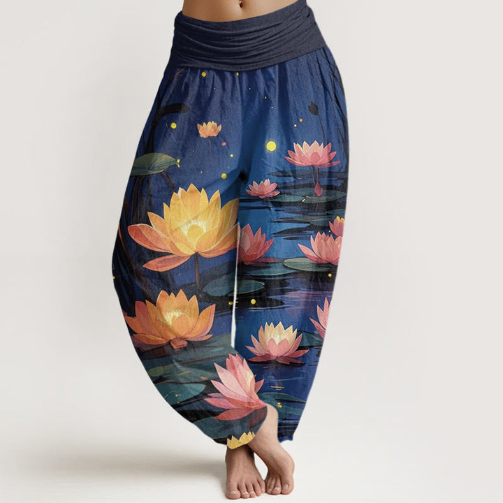 Buddha Stones Casual Peaceful Nighttime Lotus Pattern Women's Elastic Waist Harem Pants - Navy - US22，UK/AU26，EU54 (6XL) - image 0