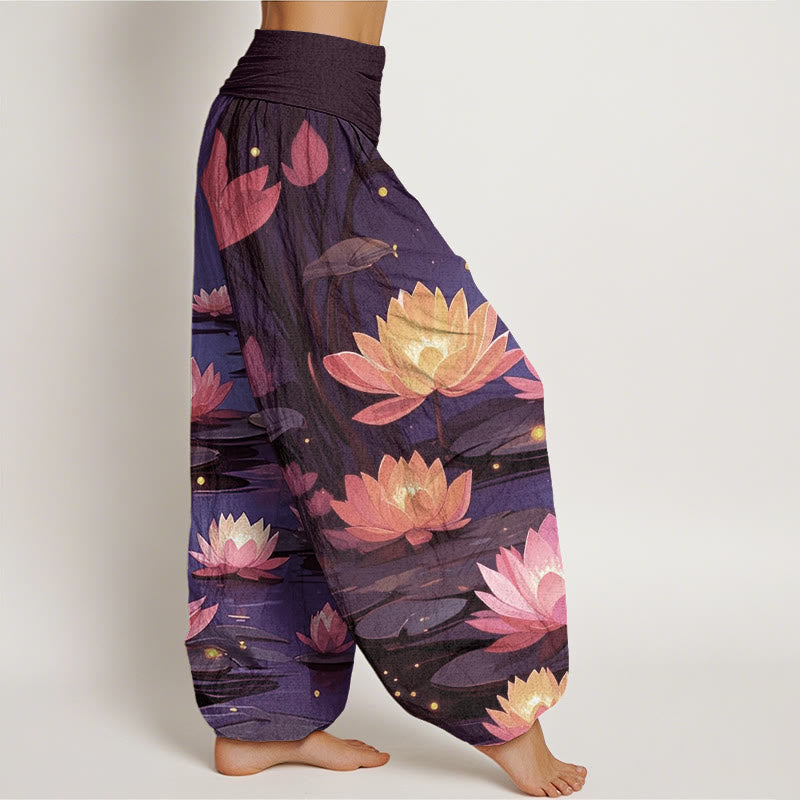 Buddha Stones Casual Peaceful Nighttime Lotus Pattern Women's Elastic Waist Harem Pants - image 5