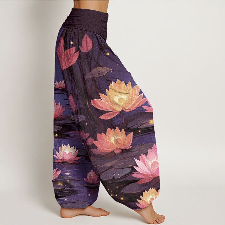 Buddha Stones Casual Peaceful Nighttime Lotus Pattern Women's Elastic Waist Harem Pants - image 5