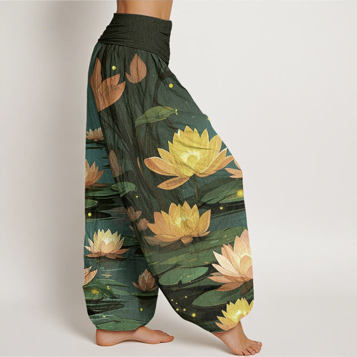 Buddha Stones Casual Peaceful Nighttime Lotus Pattern Women's Elastic Waist Harem Pants - image 8