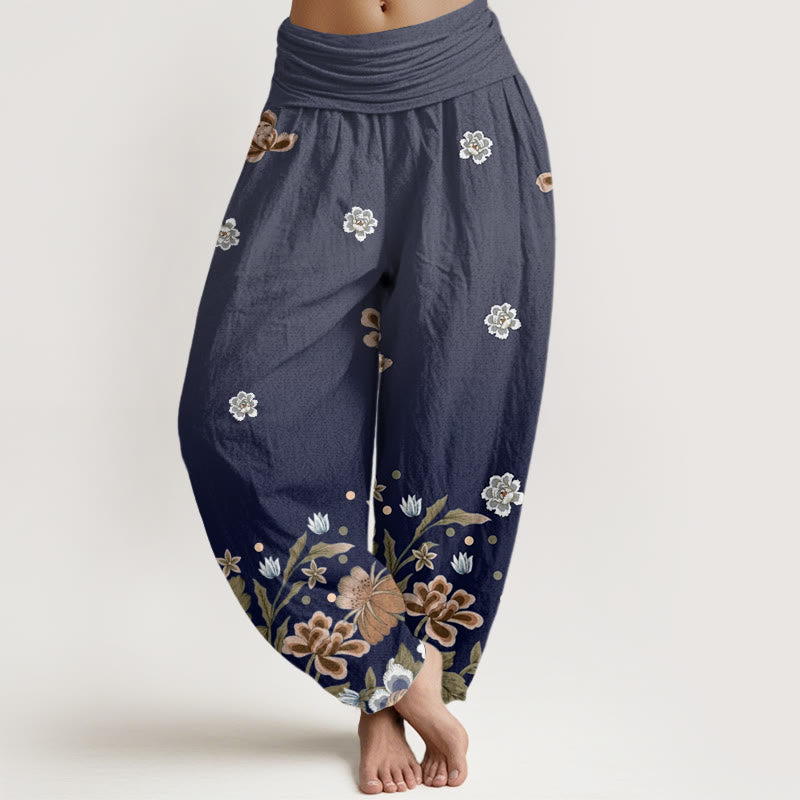 Buddha Stones Cotton Casual Blooming Flowers Pattern Women's Elastic Waist Harem Pants - Navy - US22，UK/AU26，EU54 (6XL) - image 0