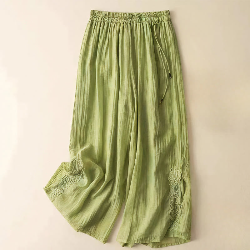 Buddha Stones Retro Casual Embroidery Design Drawstring Cotton Linen Women's Wide Leg Pants With Pockets - LightGreen - US12，UK/AU16，EU44 (3XL) - image 4