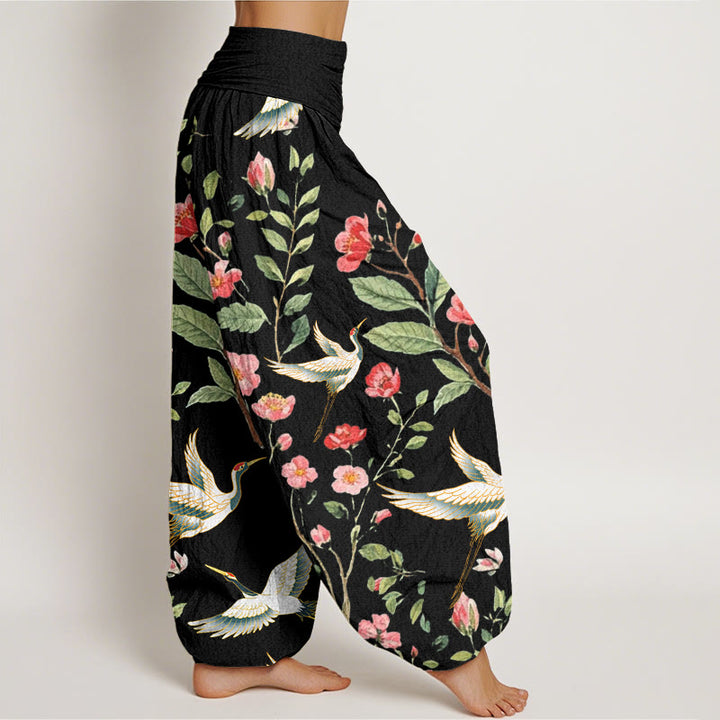 Buddha Stones Casual Red Flowers Crane Pattern Women's Elastic Waist Harem Pants - image 1