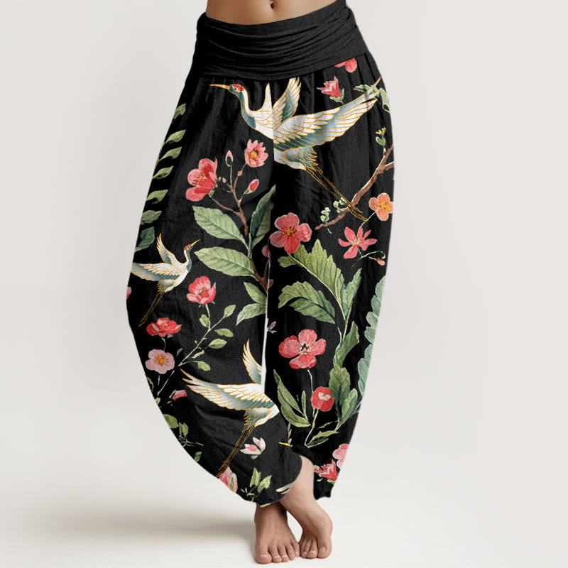 Buddha Stones Casual Red Flowers Crane Pattern Women's Elastic Waist Harem Pants - Black - US22，UK/AU26，EU54 (6XL) - image 0
