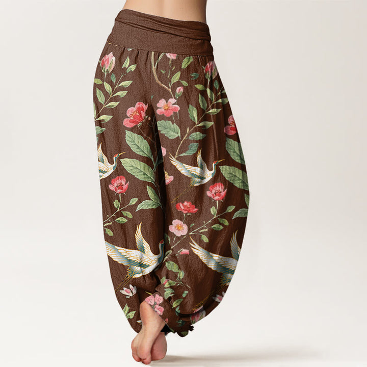 Buddha Stones Casual Red Flowers Crane Pattern Women's Elastic Waist Harem Pants - image 6
