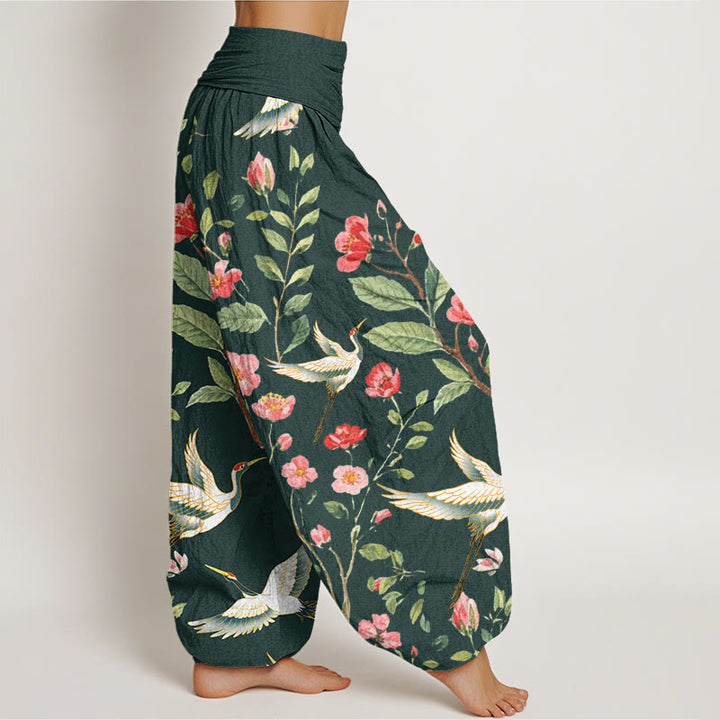 Buddha Stones Casual Red Flowers Crane Pattern Women's Elastic Waist Harem Pants - image 8