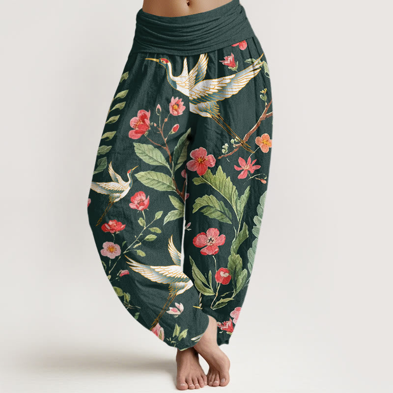 Buddha Stones Casual Red Flowers Crane Pattern Women's Elastic Waist Harem Pants - DarkGreen - US22，UK/AU26，EU54 (6XL) - image 7