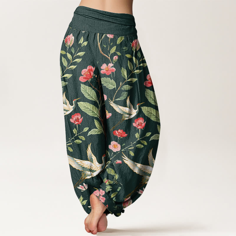 Buddha Stones Casual Red Flowers Crane Pattern Women's Elastic Waist Harem Pants - image 9