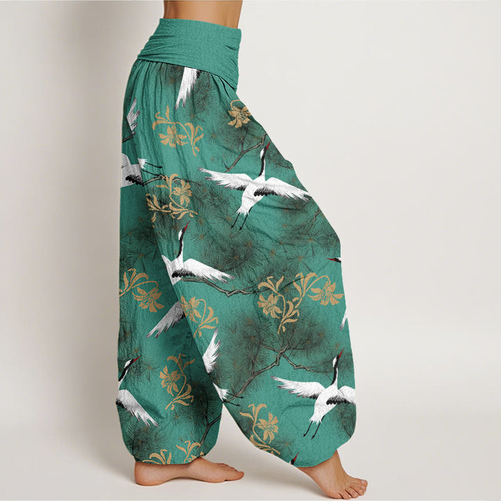Buddha Stones Casual Red-crowned Crane Pine Tree Pattern Women's Elastic Waist Harem Pants - image 1