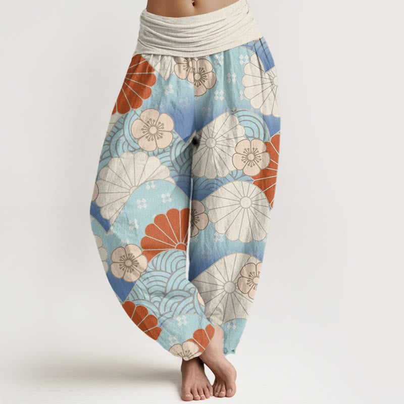 Buddha Stones Cotton Casual Abstract Petal And Wave Pattern Women's Elastic Waist Harem Pants - FloralWhite - US22，UK/AU26，EU54 (6XL) - image 0