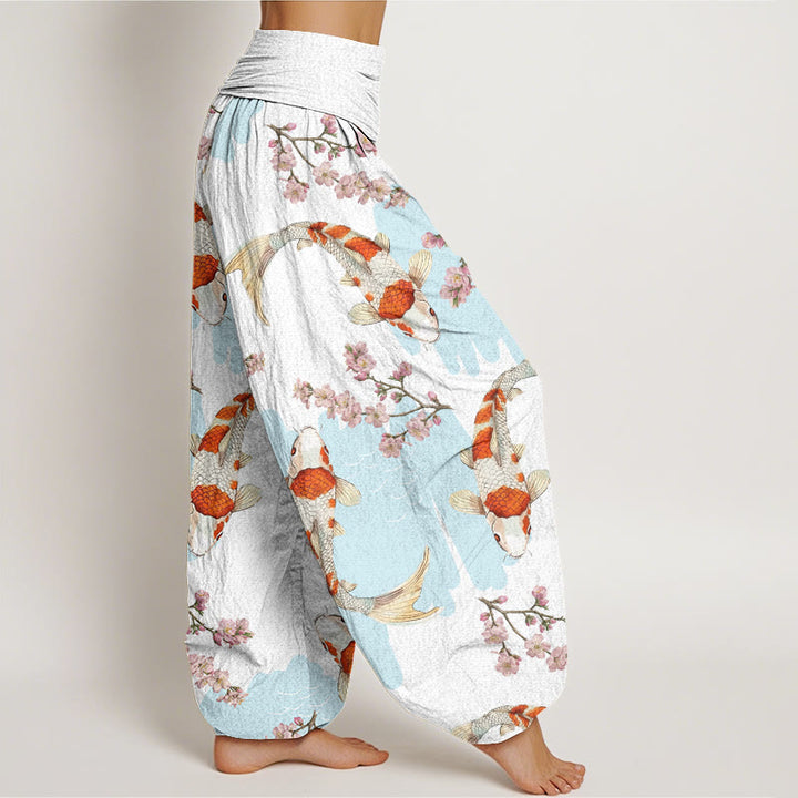 Buddha Stones Cotton Casual Koi Fish Cherry Blossom Pattern Women's Elastic Waist Harem Pants - image 1