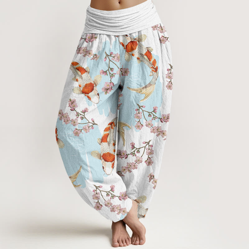 Buddha Stones Cotton Casual Koi Fish Cherry Blossom Pattern Women's Elastic Waist Harem Pants - White - US22，UK/AU26，EU54 (6XL) - image 0