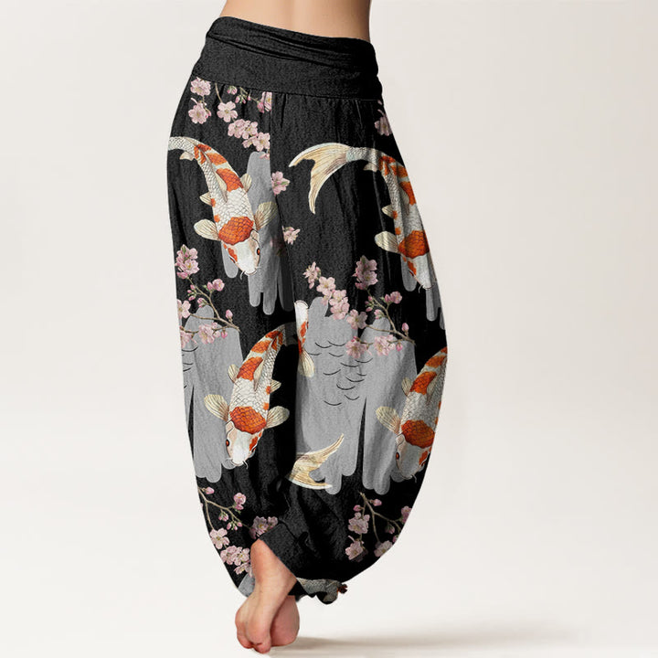 Buddha Stones Cotton Casual Koi Fish Cherry Blossom Pattern Women's Elastic Waist Harem Pants - image 6