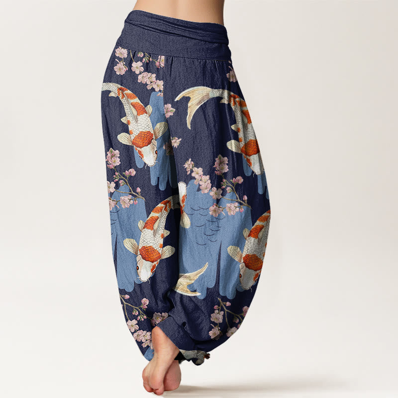 Buddha Stones Cotton Casual Koi Fish Cherry Blossom Pattern Women's Elastic Waist Harem Pants - image 9