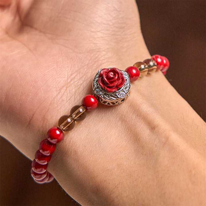 Buddha Stones Cinnabar Angora Red Shell Pearl Rose Petals Calm Bracelet - image 4