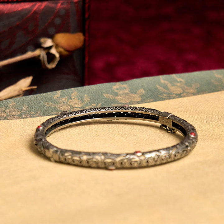 Vintage Tang Dynasty Flower Design Engraved Red Agate Copper Luck Bracelet Bangle - image 3
